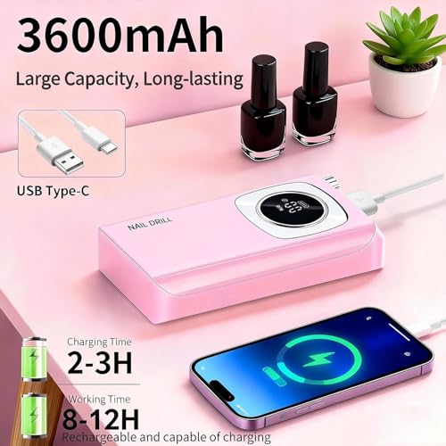 Professional Electric Nail Drill 45000RPM, Portable Rechargeable Electric Nail File with LCD Display, 6 Drill Bits and Sanding Bands, Low Noise Nail Drill Kit for Acrylic Gel Nails,Salon & Home Use