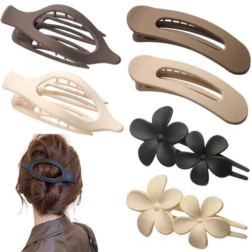 6 PCS Flat Hair Clips, French Lay Flat Claw Clips for Women Girls, 3 Styles Strong Hold Non-slip Matte Hair Claws for Thin Thick Hair(Brown&White)