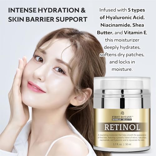 First Botany Korean Retinol Moisturizer Face Cream - Hydrating Anti-Aging Facial & Neck Cream with Bakuchiol, Niacinamide & Hyaluronic Acid - Made in Korea, Cruelty-Free 1.7 Fl Oz