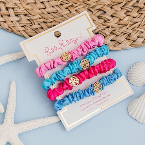 Lilly Pulitzer Satin Scrunchies, 4 Piece Scrunchie Set for Women, Cute Mini Hair Ties, Assorted (Assorted Solids)