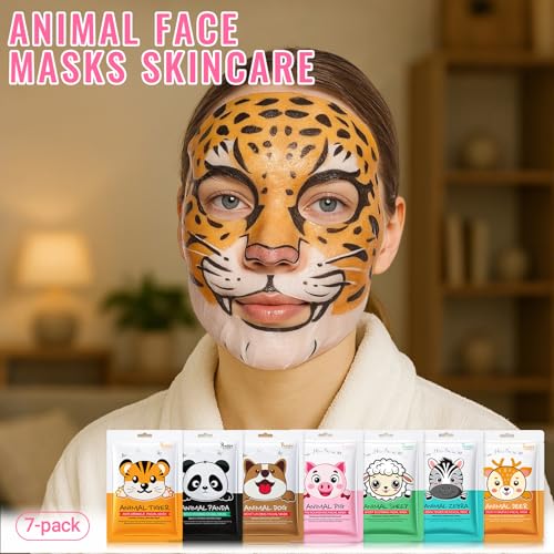 Erinde 7 Pack Animal Character Sheet Masks, Face Masks for Kids Teens Skin Care, Girls Night Skincare Spa Party, Birthday Gifts for Women Men