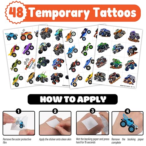 Monster Truck Party Favors - 72 Pc LED Lights & Tattoos Combo