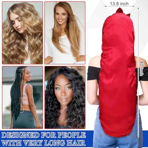 Geyoga 3 Pcs 40 Inches Extra Long Satin Braid Bonnet for Sleeping Silk Hair Bonnet for Women with Tie Band Foldable Braids Hair Sleep Tie, Black, Wine Red and Gold