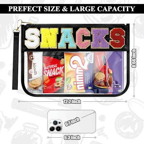 Snack Bag for Travel & Makeup - Clear Chenille Letter Zipper Pouch, Waterproof Cosmetic Tote Bag for Women & Girls (Black)