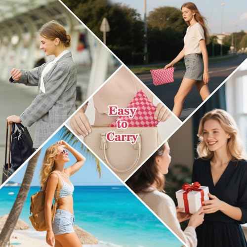 Checkered Makeup Bag - Large Cosmetic Bag for Women, Cute Cosmetic Pouch Travel Pouches for Toiletries, Makeup Brush, Purse, Large Capacity Storage Bag, Rose Red