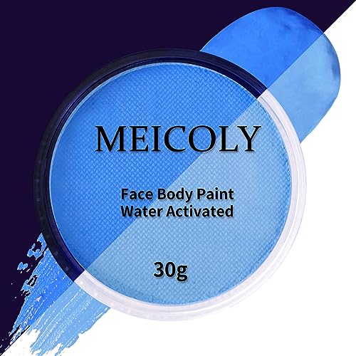 MEICOLY Neon Blue Face Paint,Water Activated Face Paint,Glow in The Dark Full Body Paint,Washable Non-toxic Fluorescent Single Color Body Paint,1.05oz,Neon Pastel Blue/UV Light Blue