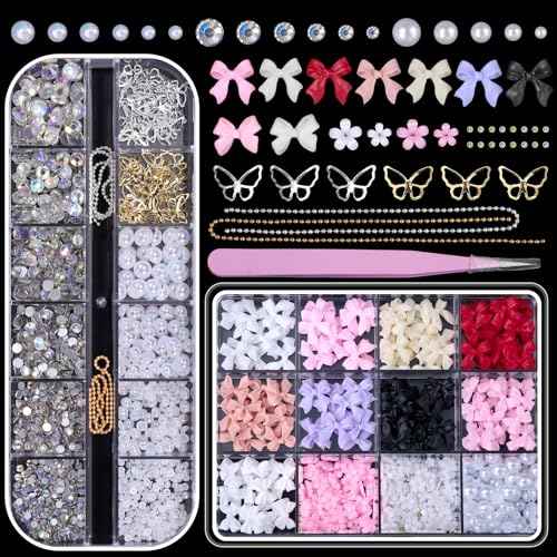 2 Boxes Mixed 3D Nail Charms and Rhinestones, Color Bows Bowknots Flowers Acrylic Nail Art Charms, Flatback Pearl Nail Gems Charms DIY Nail Art Accessories