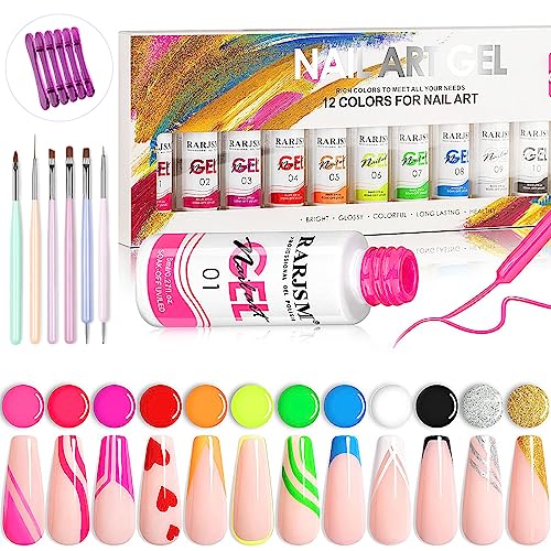 RARJSM Nail Art Gel Liner 12 Color Painted Gel Nail Polish Set and 6pcs Nail Brushes Set with Pen Holder Dotting Painting Design Tools