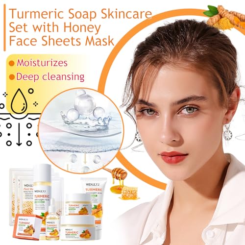 Turmeric Soap Skincare Set with Honey Face Sheets Mask,Hydrating Travel Size Turmeric Face Wash,Moisturizing Face Toner & Face Serum & Face Cream,Eye Cream Skin Care Gift Set for Women£¨9PCS)