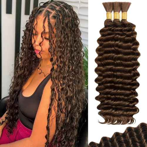 Human Braiding Hair for Boho Braids 110g 22 Inch Deep Wave Boho Bulk Human Hair for Braiding Knotless 12A Wet and Wavy Bohemian 3 No Weft Bundles/Pack Curly Braids Brown