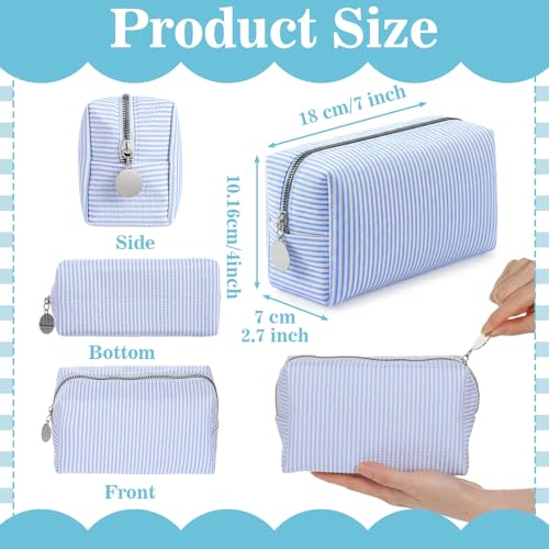10 Pcs Blue Seersucker Makeup Bags - Travel Cosmetic Organizer