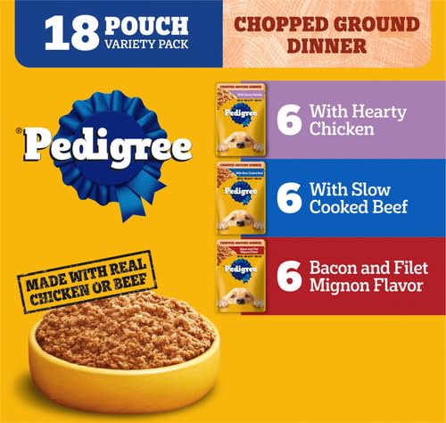 Pedigree Chopped Ground Dinner Dog Food 18-Count Bacon Filet Mignon Variety Pack, 3.5 oz. Pouches