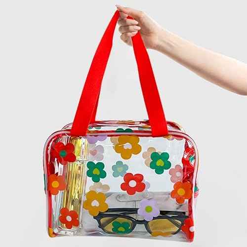 TotePrint Clear Floral Hand Bag and Travel Cosmetics Pouch with Handle,Durable Waterproof PVC Versatile Smooth Zipper Design (Red+Green+Yellow)