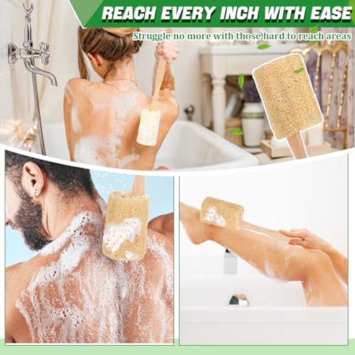 Bokon 4 Pack Natural Exfoliating Loofah Bath Back Brush Loofah Back Scrubber Long Handle for Shower Exfoliating Body Scrubber Luffa Sponge on a Stick for Men and Women, Cleans Hard to Reach Areas