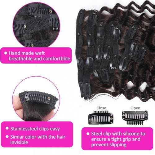 Curly Clip in Hair Extensions Real Human Hair 20inch 120g Invisible & Seamless 100% Brazilian Remy Human Extension Deep Wave Clip ins Extensions Double Weft 8 PCS with 20 Clips #2 Dark Brown