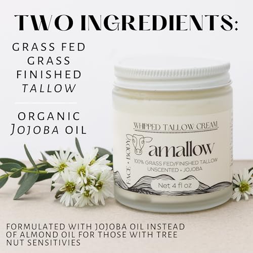 Amallow 100% Grass Fed Beef Tallow Skincare & Lip Balm Set - Whipped Moisturizer for Face & Body (Unscented + Jojoba Oil) + All Natural Tallow Lip Balm (Vanilla Dream)