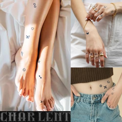 Tiny Small Semi-Permanent Tattoos for Adult - 2 Weeks Long Last Waterproof Realistic Mini Fake Tattoos for Women Men Finger Neck Body/Fades Naturally/No Reflection