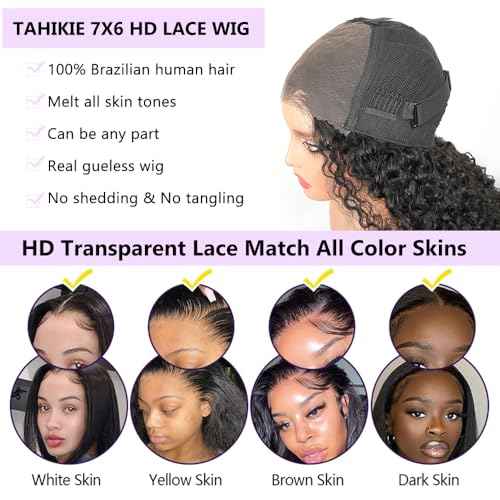 7x6 Burmese Curly Glueless Wigs Human Hair Pre Plucked Pre Cut 250% Density Drawstring Wig Human Hair 7x6 HD Lace Front Wigs Human Hair for Black Women Wear and Go Glueless Wig Natural Color 24inch