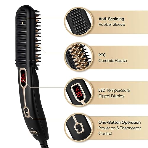 VOVO Beard Straightener Comb Upgrade Professional 2 in 1 Men's Beard Straightening Heated Hair Straightening Brush Portable Anti-Burn 6 Temperature Adjustable with LED Display for Home and Travel