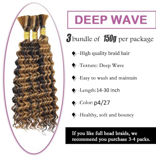 FuivJuix P4/27 Blonde Human Hair Braiding Extensions 3 Bundles 26 Inch Deep Wave