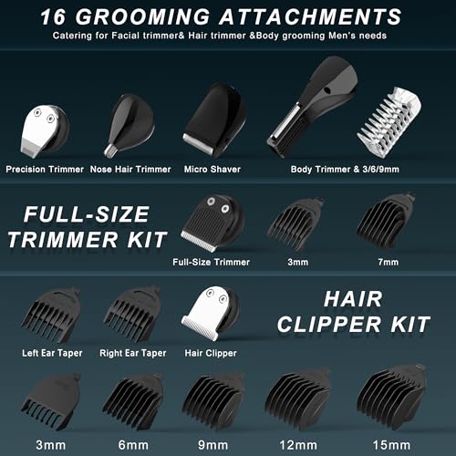 Hatteker Mens Body Hair Beard Trimmer Groin Trimmer Mens Grooming Kit Electric Razor Body Shaver Groomer Waterproof 6 in 1
