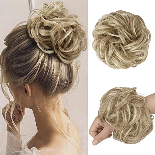 FESHFEN Messy Bun Hair Piece Curly Wavy Large Hair Bun Scrunchies Extensions Light Ash Brown & Bleach Blonde Synthetic Tousled Updo Hairpieces for Women Girls