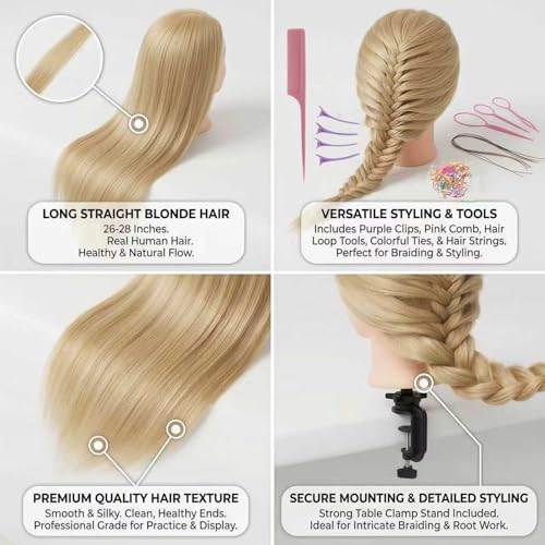 26 Inch 80% Human Hair Mannequin Head with Stand & Braiding Kit