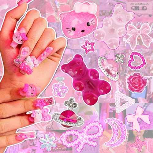 3D Pink Nail Charms Bulk Gummy Bear Butterfly Bow Assorted Nail Charms Set Planet Cherry Gems Cute Heart Star Pearls Nail Charms for Nail Art DIY Supplies Accessories