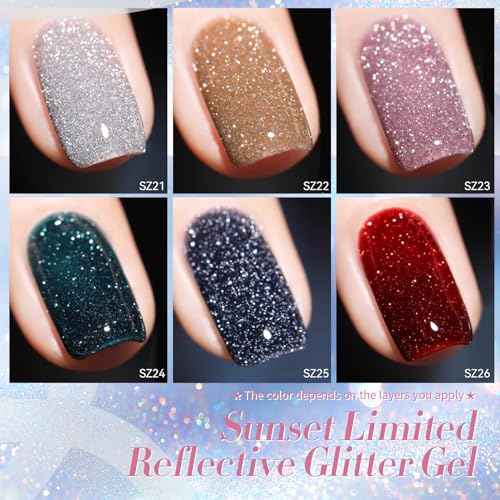 Born Pretty Reflective Glitter Gel Nail Polish, 6 Colors Holographic Gel Polish Long Lasting Sparkly Shiny Nail Polish U V Set for Manicure and Nail Art, DIY at Home, Salon-Quality 7ml
