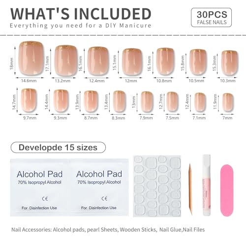 Short Square Press On Nails - Pink French Tip with Gold Accent