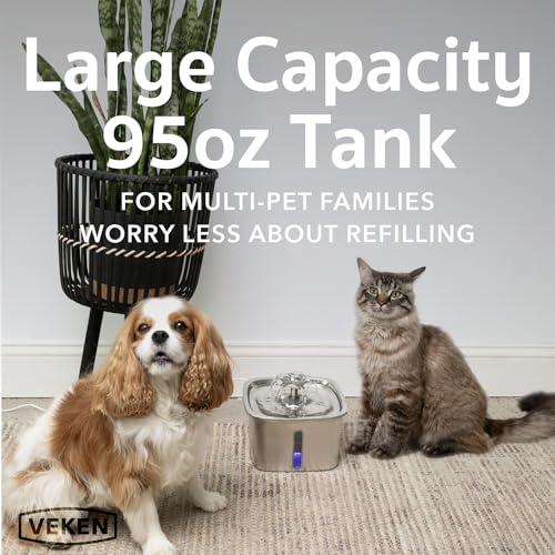 Veken Innovation Award Winner Stainless Steel Cat Water Fountain, 95oz/2.8L Automatic Pet Fountain Dog Water Dispenser with Replacement Filters & Silicone Mat for Cats, Dogs, Multiple Pets (Silver)