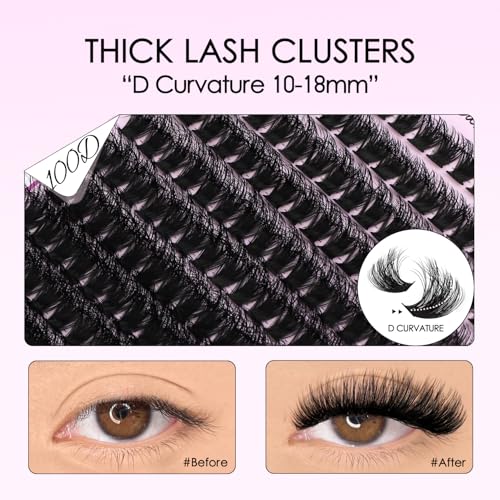 Lash Clusters Kit 100D Thick Cluster Lashes 10-18mm Volume Eyelash Clusters D Curvature Cluster Eyelash Extensions 3D Wispy Lash Clusters DIY Lash Extension Kit(100D-10-18MIX Thick Kit)