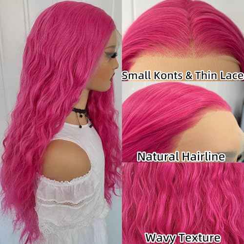 RONGDUOYI Hot Pink Wig Long Wavy Hair Wig Pink Curly Synthetic Lace Front Wig Water Wave Glueless Red Deep Wave Lace Front Wigs for Women Party Cosplay