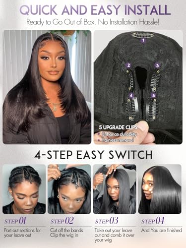 Yaki Straight U Part Wig 24" Clip-In Glueless Heat Resistant Natural Black