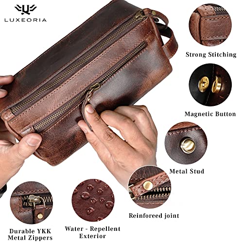 Premium Handmade Leather Toiletry Bags for Men and Women, Genuine Leather Dopp Kit and Shaving Bag for Men, Travel Cosmetic Bag for Women's and Men's, Zipper Pocket, Dark Brown