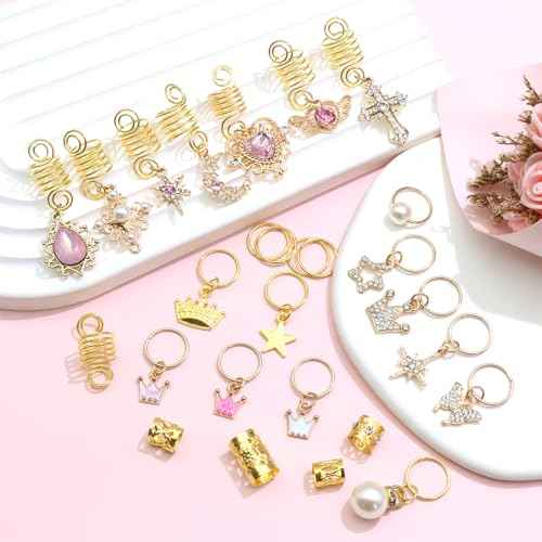 NAISKA 156Pcs Pink Crystal Loc Dreadlocks Jewelry Gold Hair Jewelry for Braids Multi Shape Crown Pearls Hair Decoration Hair Coils Rings Dreadlocks Hair Cuffs for Women and Girls