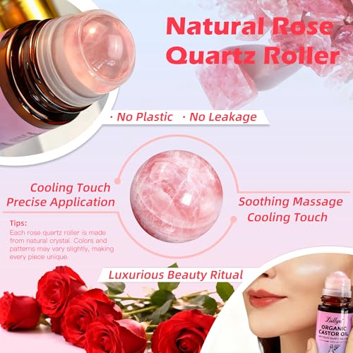 Organic Castor Oil Roll On with Rose Quartz Roller, Cold Pressed 1.7oz