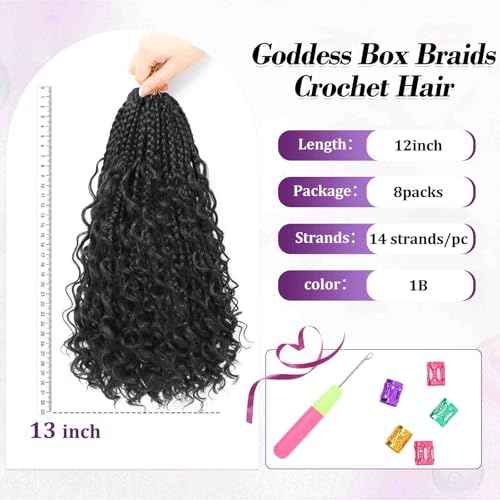 Goddess Box Braids Crochet Hair For Black Women-12 Inch 8 pack Pre Looped Boho Crochet Braids Short Prelooped Bohemian Boho Box Crochet Hair With Curly Ends£¨12in,#1b£©