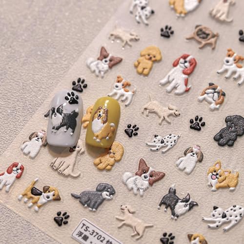 Dog Nail Art Stickers Cute Pet Dog Nail Decals 5D Embossed Nail Stickers Dalmatian Corgi Teddy Dog Paw Nail Design Self-Adhesive Nail Accessories Puppy Nail Supplies for Women Manicure Decoration 1PC