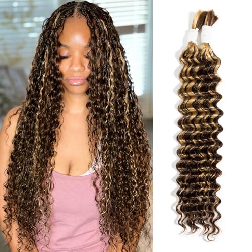 Boho Human Braiding Hair Deep Wave, 18 Inch, 2 Bundles - Chocolate Brown & Honey Blonde Highlights