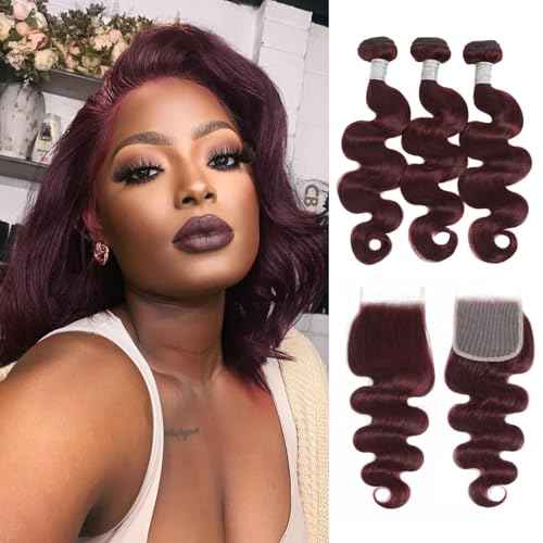 99j Dark Burgundy Body Wave 3 Bundles with 4x4 Closure Human Hair HD Lace Free Part, 12A Soft and Glossy #99j Wine Color 100% Brazilian Virgin Remy Hair Bundles with Closure 14 16 18+14 Inch