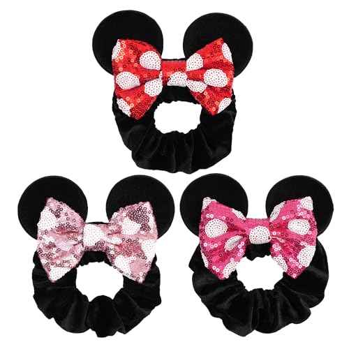3 Pack Velvet Mouse Ears Scrunchies with Bow for Women Girls Elastic Hair Ties for Pony Tail Party Costume - Cute Hair Accessories