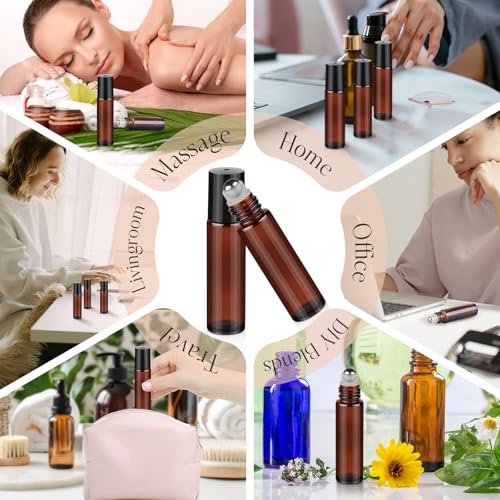 10ml Amber Glass Roller Bottles for Essential Oils, 4-Pack