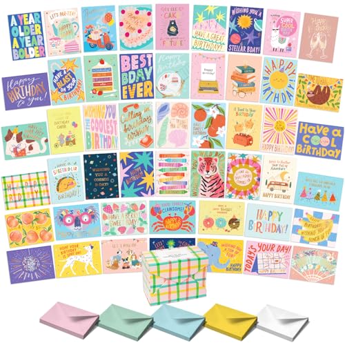 Bright Happy Birthday Cards Set with Envelopes - 50 Assorted Designs Bulk Pack