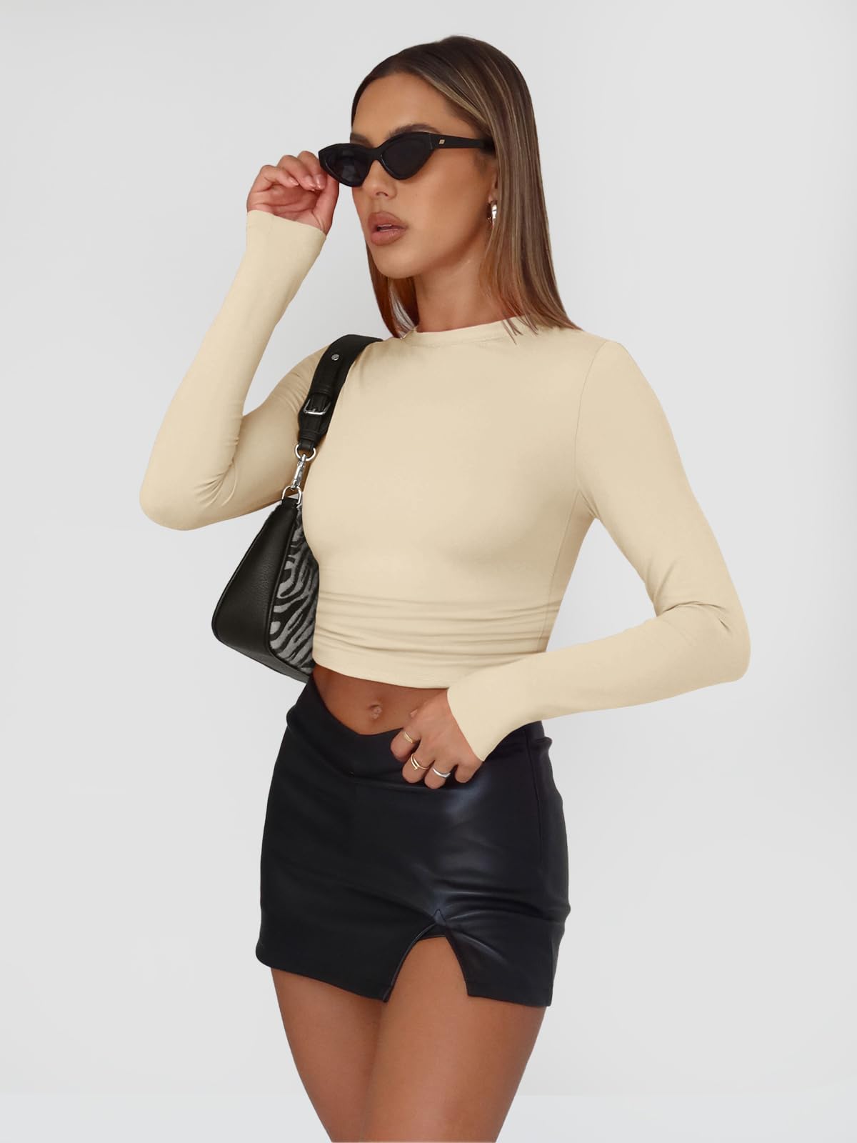 Trendy Queen Womens Long Sleeve Shirts Basic Spring Crop Tops Tees Tight Slim Fit Cute Going Out Outfits Teen Girls Fall Winter Y2k Clothes 2024 Apricot XS