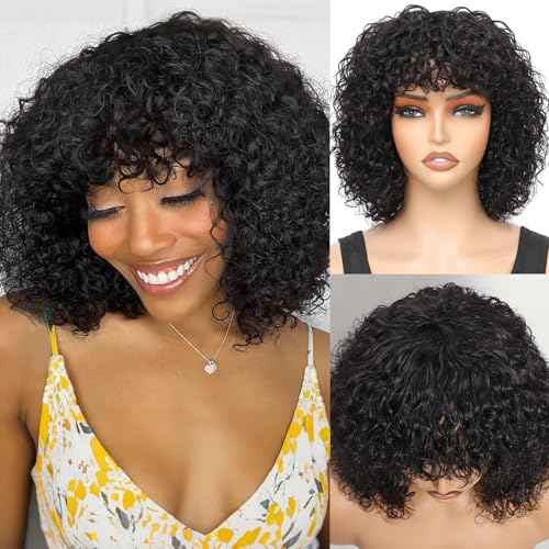 FREESHOW Short Curly Human Hair Wigs Curly Wig With Bangs Human Hair Glueless Curly Bob Wig Human Hair Short Wigs for Black Women 250% Density 12Inch Natural Black