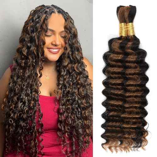 Human Braiding Hair 18 Inch 100g 1B/30 Ombre Highlight Deep Wave Human Hair for Boho Knotless Braids No Weft Curly Wet and Wavy Braiding Hair (1B/30)