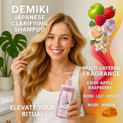 DEMIKI Shampoo for Women,Japanese Shampoo for Oily Hair, Sulfate Free & Paraben Free, Keratin Care,Organic Rose Scent, Clarifying,Moisturizing, Volumizing Hair Care, Anti Dandruff 450ml,16oz