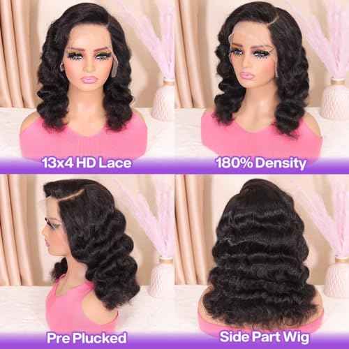 Hihmarm Body Wave Bob Wig Human Hair 13x4 HD Lace Front Wigs Human Hair Pre Plucked 180% Density Glueless Wig Bob Wigs for Black Women Body Wave Lace Frontal Wigs Human Hair Natural Black 14 Inch