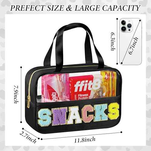 Snack Bag for Travel, Chenille Letter Clear Makeup Bag, 11.8" x 7.9" Nylon & PVC Waterproof Cosmetic Pouch with Handle and Zipper, Cute Preppy Storage Organizer Pouches for Women Girls (Black)
